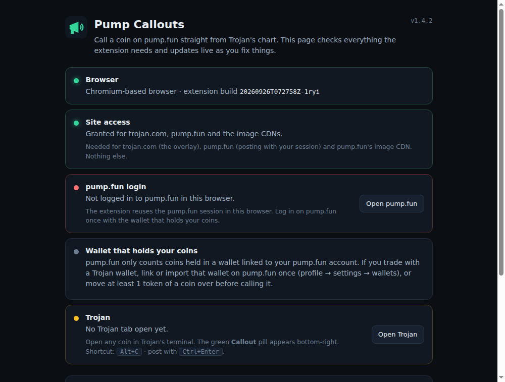 The extension's setup page: browser, site access, pump.fun login, linked wallet and Trojan tab, each with a green, amber or red indicator.